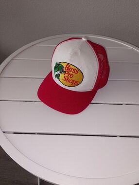 "Bass Pro Shops"  White & Red Mesh Trucker Hat with Logo